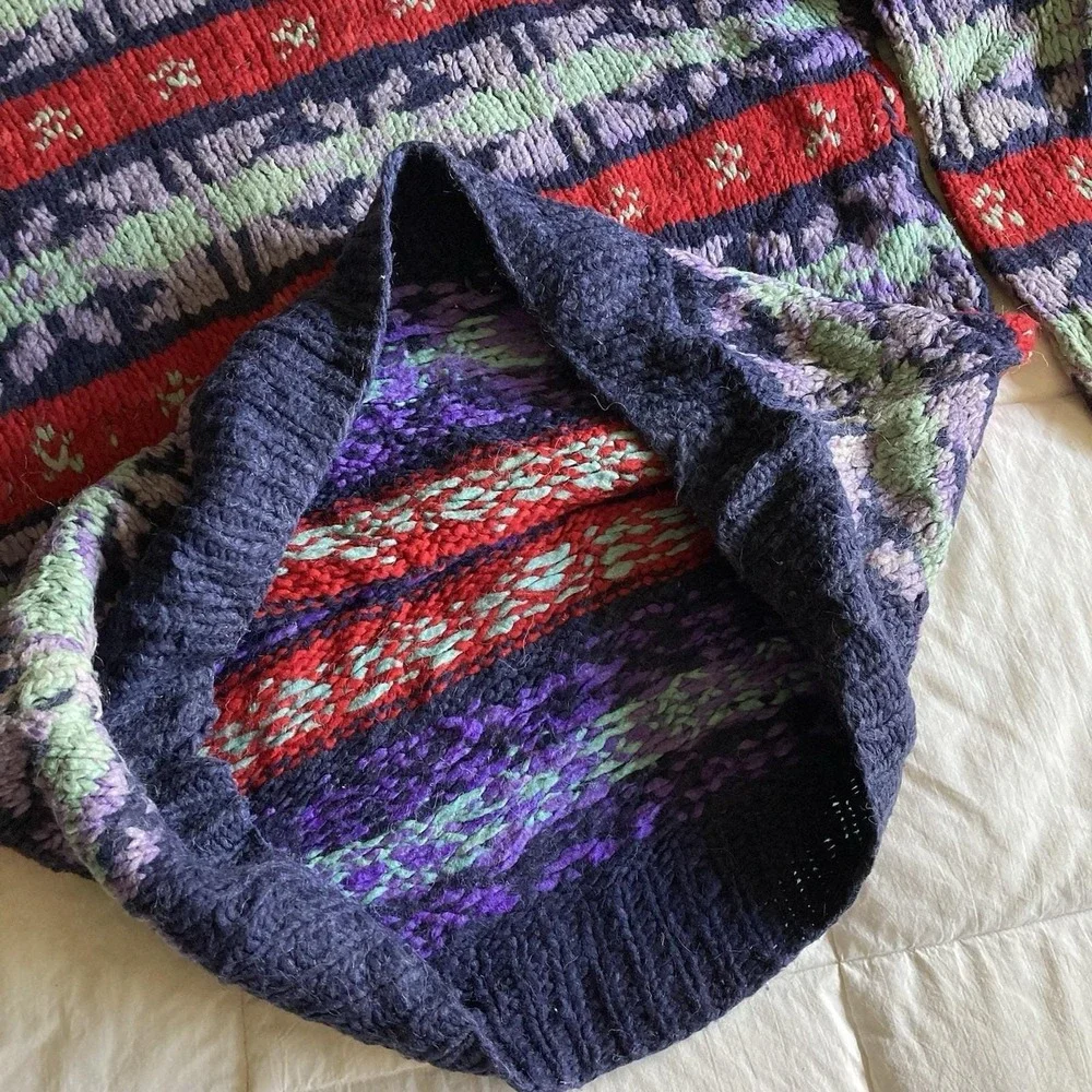 Vtg 100% Wool Ecuadorian Chunky HandKnit Sweater Mens L Fair Isle Rustic Cabin